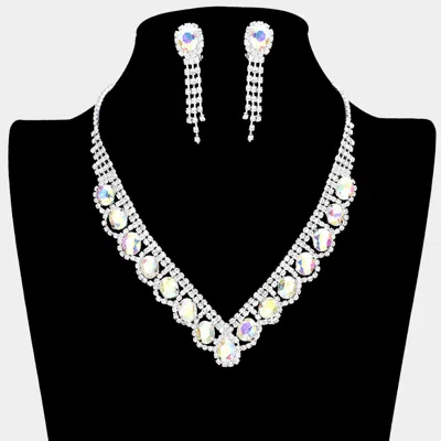 Fashnzfab Oval Stone Accented V Shaped Rhinestone Necklace Clip On Earring Set In Metallic