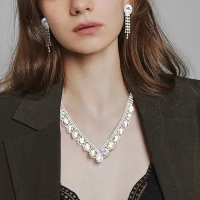 Fashnzfab Oval Stone Accented V Shaped Rhinestone Necklace Clip On Earring Set In Multi