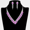 Fashnzfab Oval Stone Accented V Shaped Rhinestone Necklace Clip On Earring Set In Purple