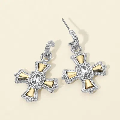 Fashnzfab Oval Stone Center Accent Elegant Cross Drop Earrings In Silver