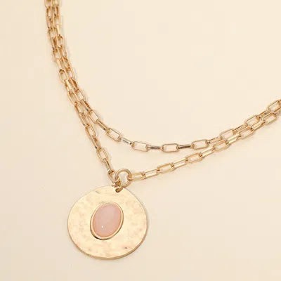 Fashnzfab Oval Stone Center Hammered Disc Pendant Layered Necklace In Pink