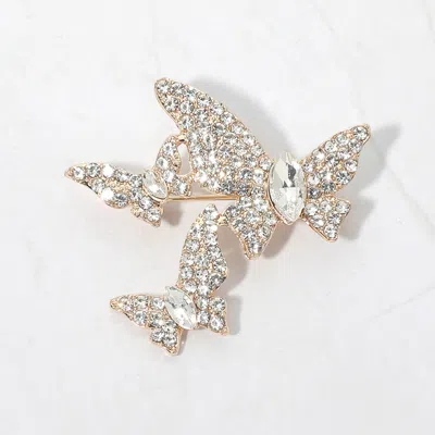 Fashnzfab Oval Stone Center Rhinestone Pave Triple Butterfly Pin Brooch In Gold