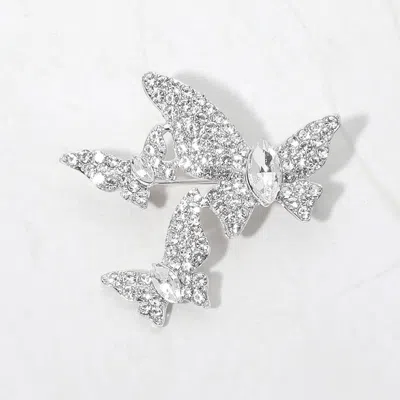 Fashnzfab Oval Stone Center Rhinestone Pave Triple Butterfly Pin Brooch In Metallic