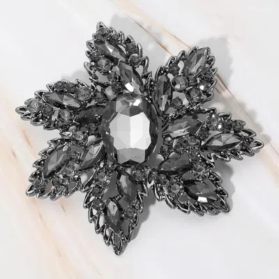 Fashnzfab Oval Stone Center Rhinestone Studded Floral Statement Pin Brooch In Black