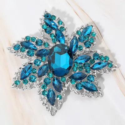 Fashnzfab Oval Stone Center Rhinestone Studded Floral Statement Pin Brooch In Blue