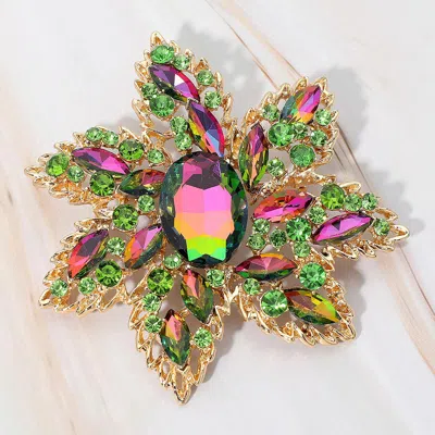 Fashnzfab Oval Stone Center Rhinestone Studded Floral Statement Pin Brooch In Multi