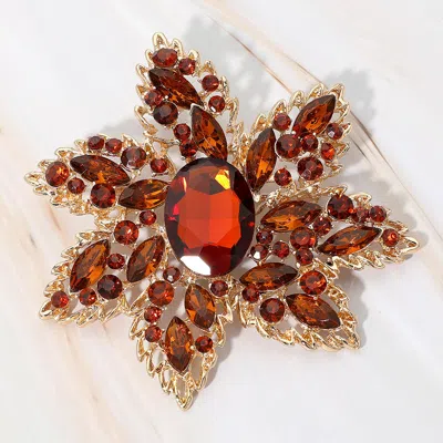 Fashnzfab Oval Stone Center Rhinestone Studded Floral Statement Pin Brooch In Red