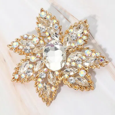 Fashnzfab Oval Stone Center Rhinestone Studded Floral Statement Pin Brooch In Silver