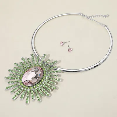 Fashnzfab Oval Stone Centered Abstract Pendant Necklace In Metallic