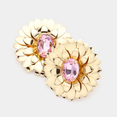 Fashnzfab Oval Stone Centered Metal Flower Earrings In Gold