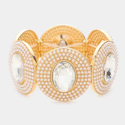 Fashnzfab Oval Stone Centered Pearl Cluster Stretch Bracelet Gold