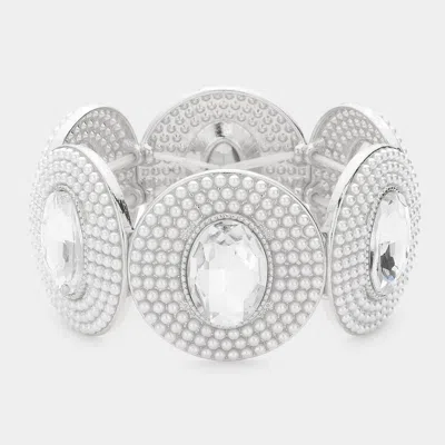 Fashnzfab Oval Stone Centered Pearl Cluster Stretch Bracelet Silver
