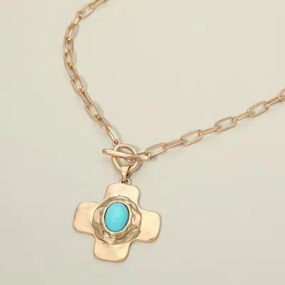Fashnzfab Oval Stone Centered Toggle Cross Charm Pendant Necklace In Yellow