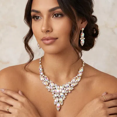 Fashnzfab Oval Stone Cluster Flower Accented Evening Necklace In Gold