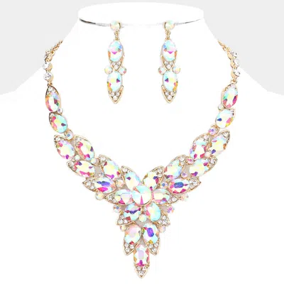 Fashnzfab Oval Stone Cluster Flower Accented Evening Necklace In Purple