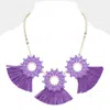Fashnzfab Oval Stone Cluster Hoop Raffia Fringe Statement Bib Necklace In Purple