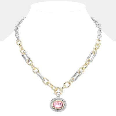Fashnzfab Oval Stone Cluster Pendant Two Tone Chunky Chain Necklace In Pink