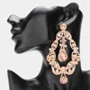 Fashnzfab Oval Stone Cluster Pointed Rhinestone Paved Chandelier Evening Earrings - Gold, Peach In Gold