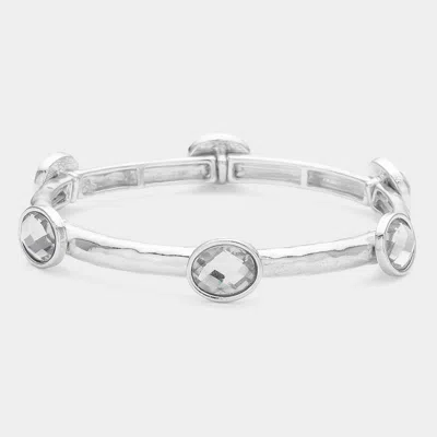 Fashnzfab Oval Stone Cluster Pointed Stretch Bracelet Clear, Rhodium In Multi