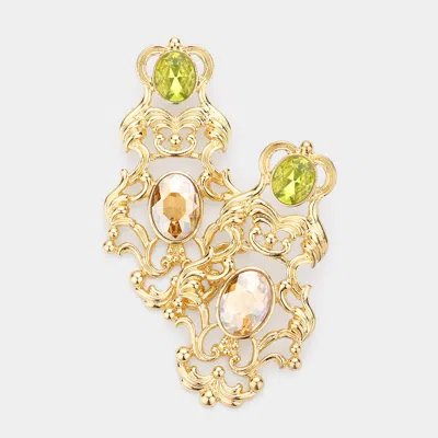 Fashnzfab Oval Stone Embellished Antique Patterned Metal Earrings - Peach In Gold