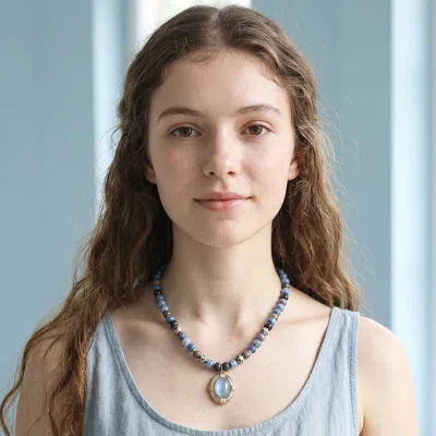 Fashnzfab Oval Stone Frame Pendant Accent Natural Stone Beaded Necklace In Blue