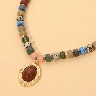 Fashnzfab Oval Stone Frame Pendant Accent Natural Stone Beaded Necklace In Multi