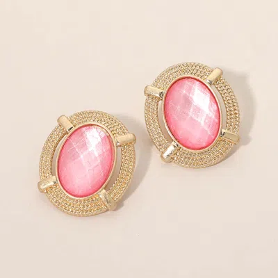 Fashnzfab Oval Stone Frame Stud Earrings In Red