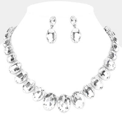 Fashnzfab Oval Stone Link Evening Necklace In Silver