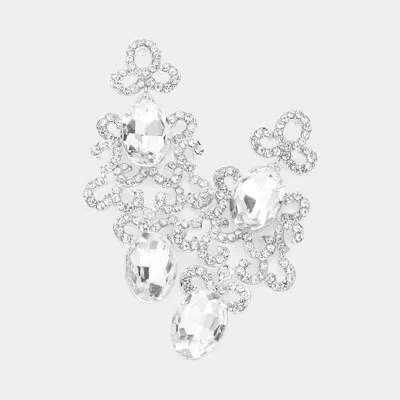 Fashnzfab Oval Stone Pointed Abstract Dangle Evening Earrings - Silver