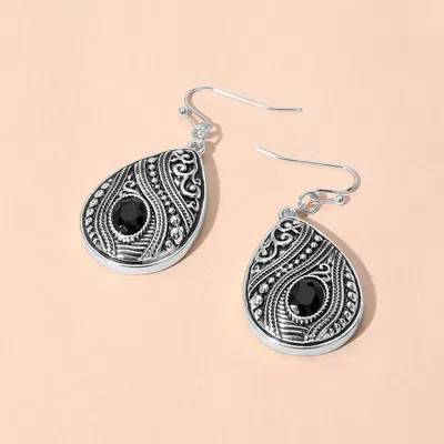 Fashnzfab Oval Stone Pointed Antique Metal Teardrop Dangle Earrings In Multi