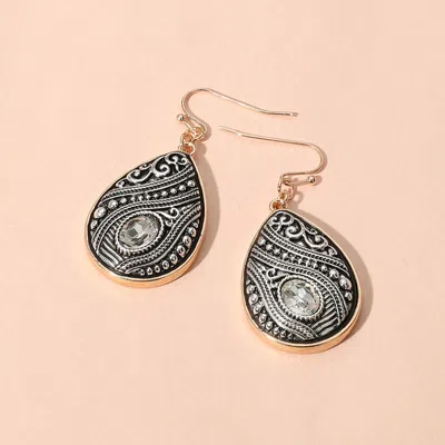 Fashnzfab Oval Stone Pointed Antique Metal Teardrop Dangle Earrings In Multi