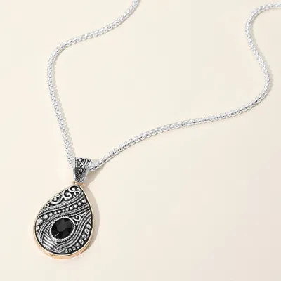 Fashnzfab Oval Stone Pointed Antique Metal Teardrop Pendant Necklace In Metallic