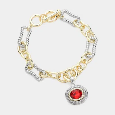 Fashnzfab Oval Stone Pointed Charm Two Tone Textured Metal Link Toggle Bracelet Siam, Two Tone In Multi