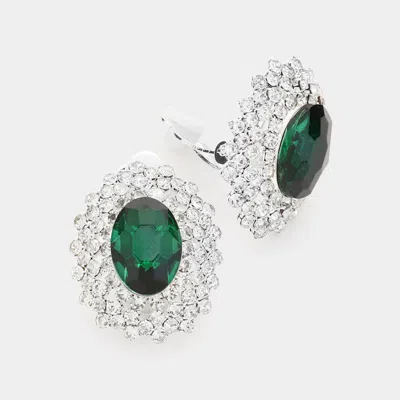 Fashnzfab Oval Stone Pointed Evening Clip On Earrings - Emerald, Silver In Metallic