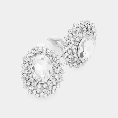 Fashnzfab Oval Stone Pointed Evening Clip On Earrings In Silver