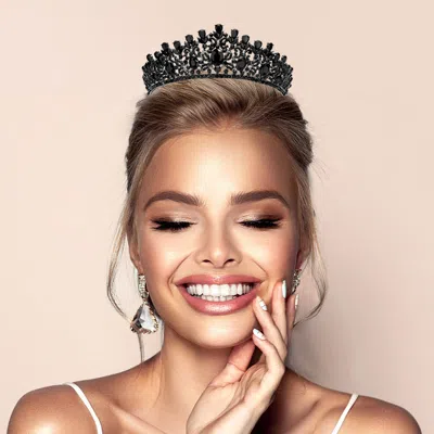 Fashnzfab Oval Stone Pointed Princess Tiara In Black