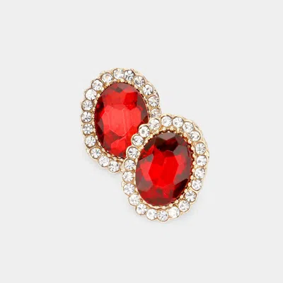 Fashnzfab Oval Stone Stud Evening Earrings In Red