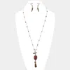 Fashnzfab Oval Stone With Faux Leather Tassel Long Necklace In Gold