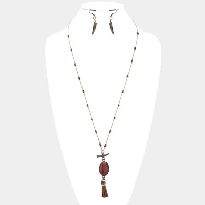 Fashnzfab Oval Stone With Faux Leather Tassel Long Necklace In Gold