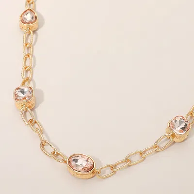 Fashnzfab Oval Teardrop Square Stone Bezel Link Necklace In Pink