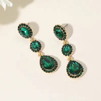 Fashnzfab Oval Teardrop Stone Cluster Link Dropdown Evening Earrings - Emerald, Gold In Multi
