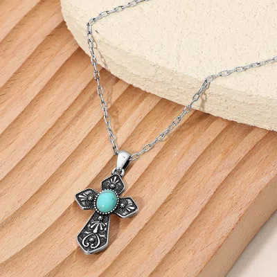 Fashnzfab Oval Turquoise Stone Accent Ornate Cross Pendant Necklace - Silver Burnished, Turquoise In Multi