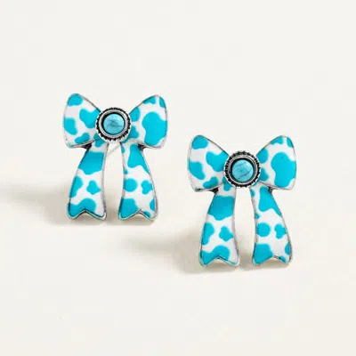 Fashnzfab Oval Turquoise Stone Center Animal Pattern Print Western Bow Earrings In Blue