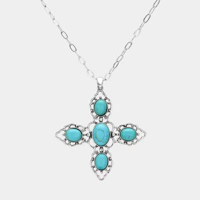 Fashnzfab Oval Western Turquoise Stone Pointed Cross Pendant Necklace In Metallic