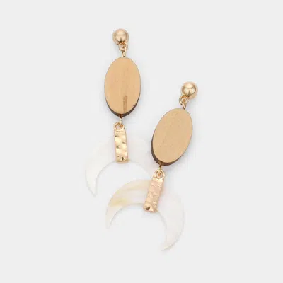 Fashnzfab Oval Wood Mother Of Pearl Crescent Dangle Earrings In Gold