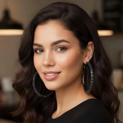 Fashnzfab Oversized Baguette Rhinestone Embellished Hoop Earrings - Black, Jet Black