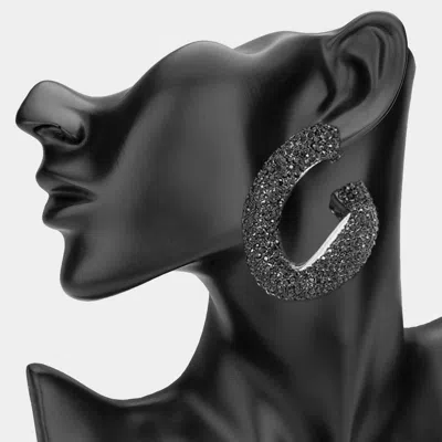 Fashnzfab Oversized Bling Rhinestone Studded Twisted Open Teardrop Evening Hoop Earrings - Jet Black, Rhodium