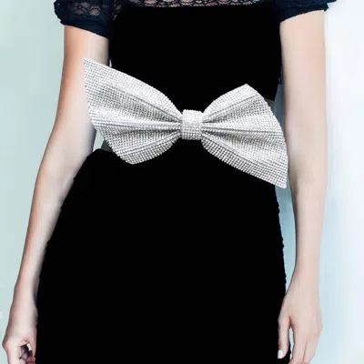 Fashnzfab Oversized Bling Studded Bow Elastic Stretch Waist Belt In Black