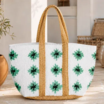 Fashnzfab Oversized Boho Woven Geometric Pattern Carryall Shoulder Tote Bag 24" X 17" X 10.5" In White