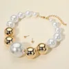 Fashnzfab Oversized Bold Two Tone Pearl Metal Ball Beaded Statement Necklace In Gold